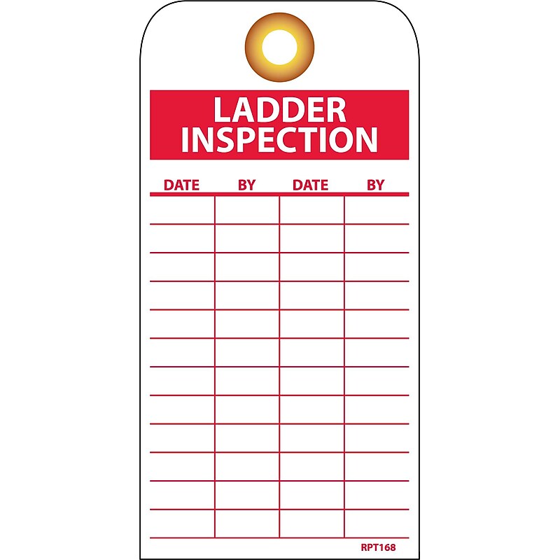 Accident Prevention Tags; Ladder Inspection, 6" x 3", Unrip Vinyl, 25/Pack **Red On White** W/ Grommet image 1