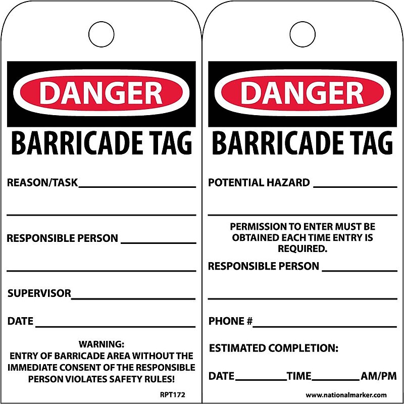 Accident Prevention Tags; Danger Barricade Tag, 6X3, Unrip Vinyl, 25/Pk image 1