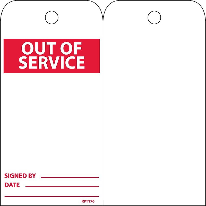 Accident Prevention Tags; Out Of Service, 6" x 3", Unrip Vinyl, 25/Pack image 1