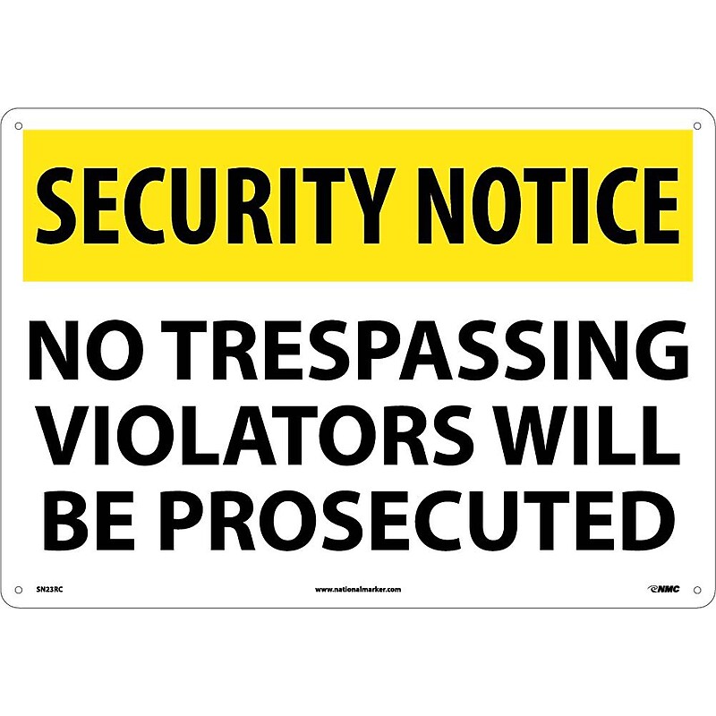 Security Notice Signs; No Trespassing Violators Will Be Prosecuted, 14X20, Rigid Plastic image 1