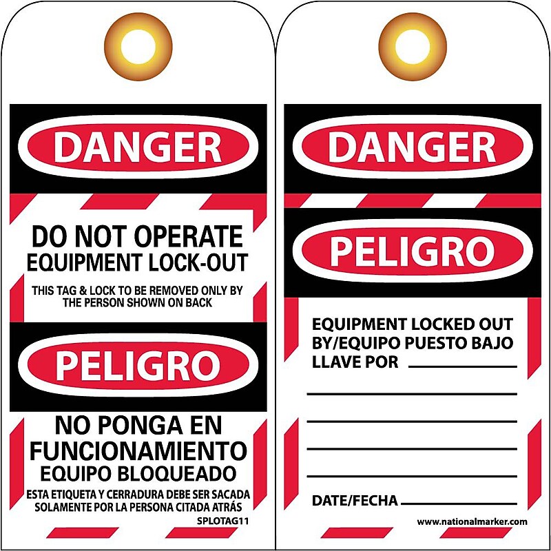 Lockout Tags; Danger, Do Not Operate Equipment Lock Out, Bilingual, 6" x 3", Unrip Vinyl, 25/Pack image 1