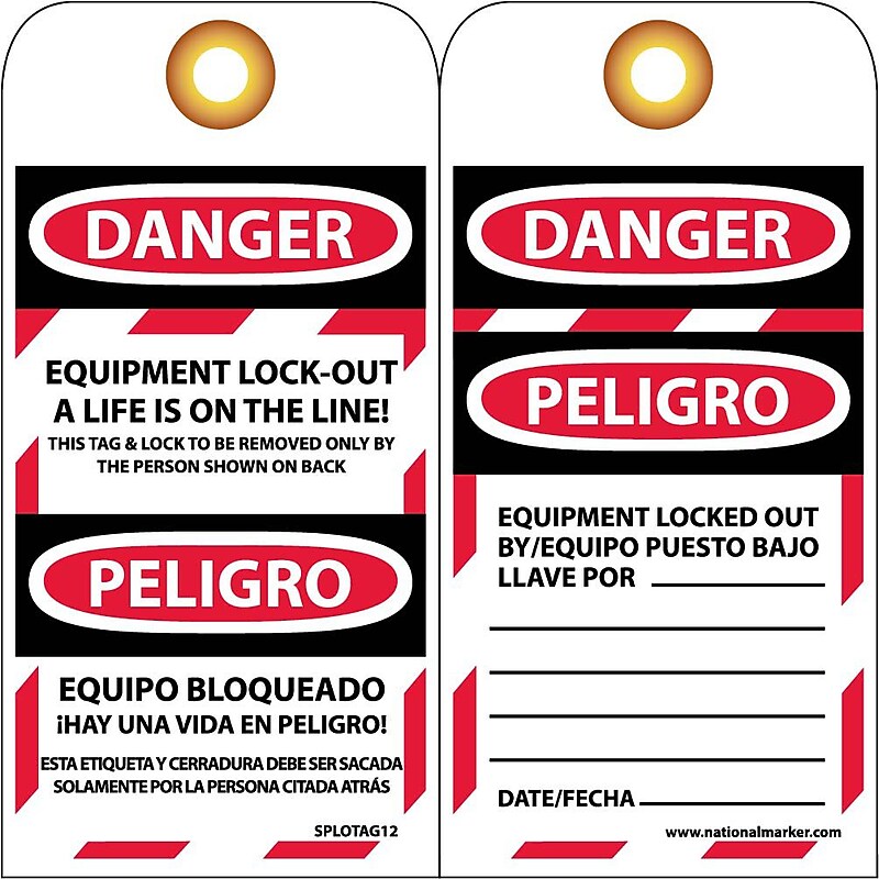Lockout Tags; Lockout, Danger Equipment Lockout. . .(Bilingual), 6X3, Unrip Vinyl, 10/Pk image 1