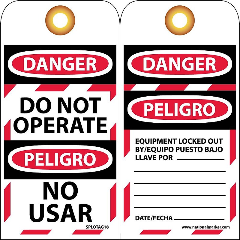 Lockout Tags; Danger, Do Not Operate, Bilingual, 6X3, Unrip Vinyl, 10/Pk image 1