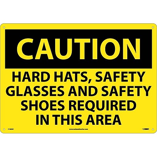 Caution Signs; Hard Hats Safety Glasses And Safety Shoes Required In