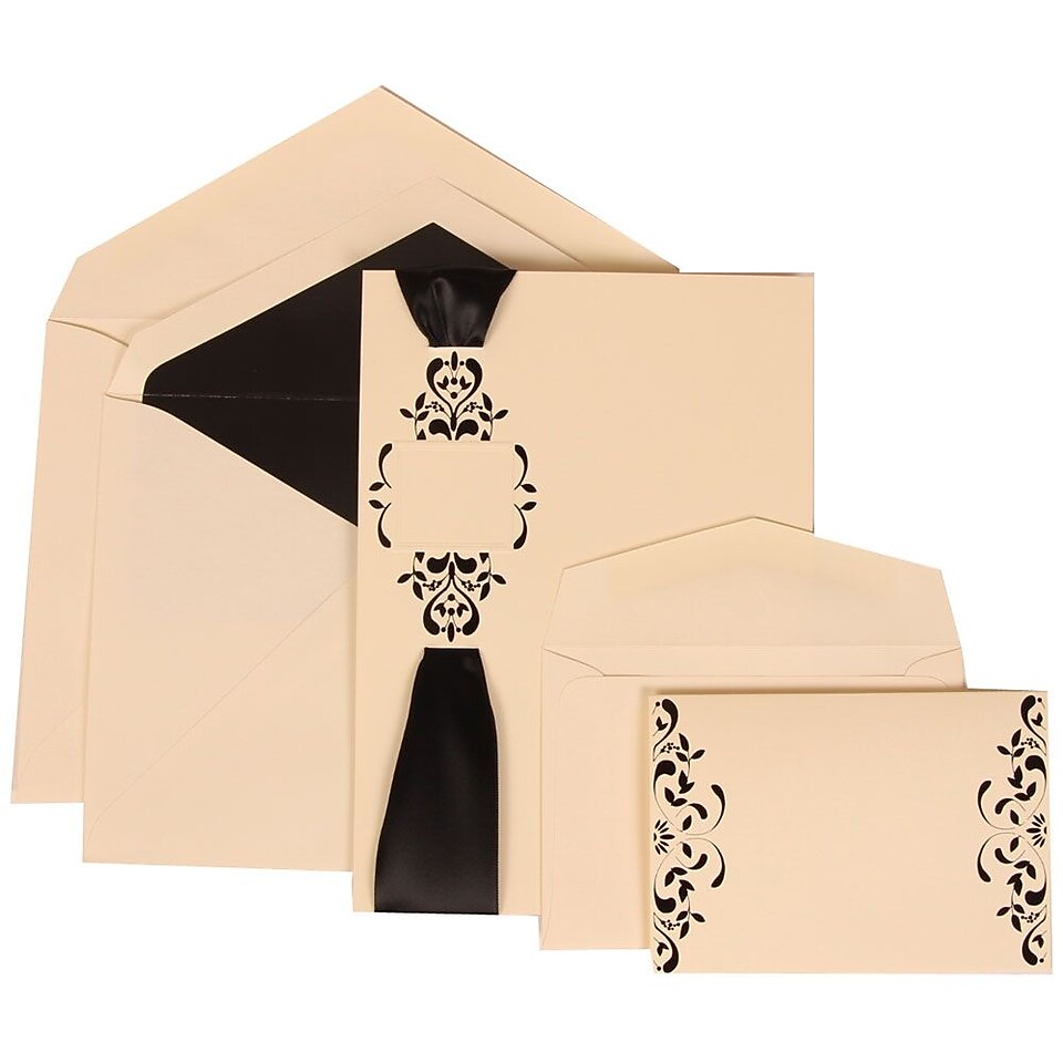 JAM Paper Wedding Invitation Combo Sets, 1 Sm 1 Lg, Ivory with Black Lined Envelopes with Monogram Ribbon, 150/pack (303224685)