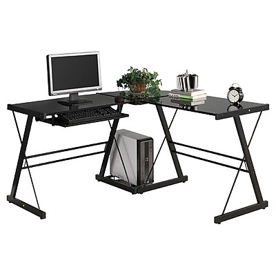 Home Loft Concept Corner Computer Desk; Black / Black Glass | Staples®