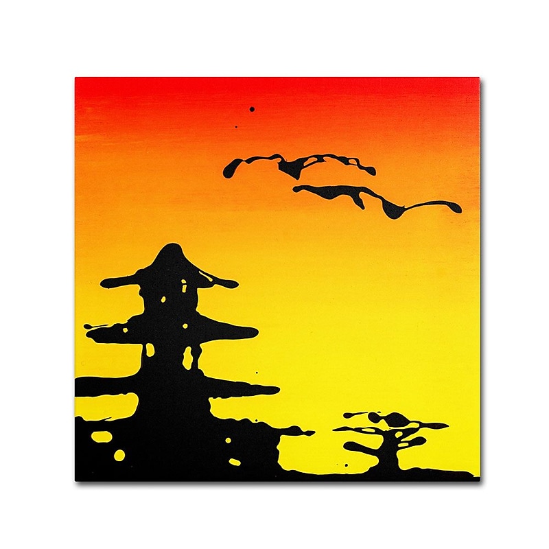 Trademark Fine Art 35" x 35" Wooden Frame Pagoda Sunset Artwork image 1