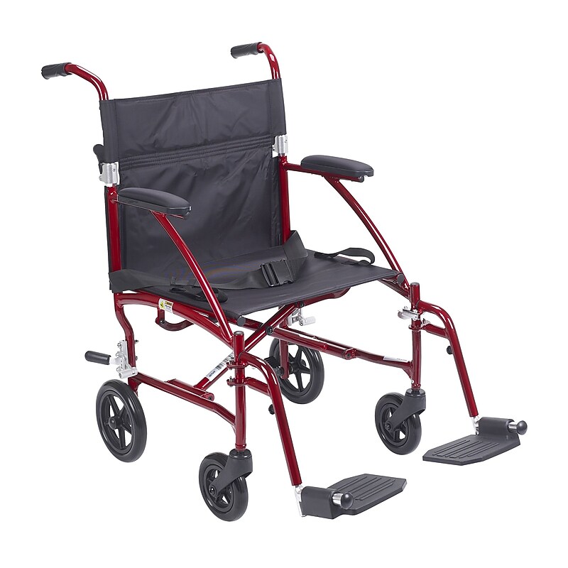 Drive Medical Fly Lite Ultra‑Lightweight Transport Wheelchair, 19" Seat Width, Burgundy Frame (DFL19-RD) image 1