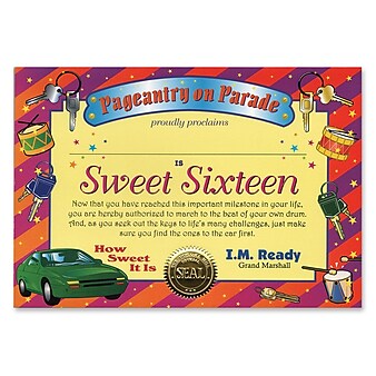 Beistle Sweet Sixteen Certificate, 5" x 7"