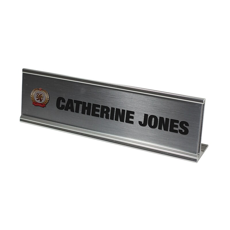 The Mighty Badge Sign Collections 2" x 8" Laser Standard Desk Plate, Silver, 6/Pack image 1