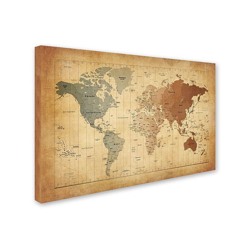Trademark Michael Tompsett "Time Zones Map of the World" Gallery-Wrapped Canvas Art, 16" x 24" image 1