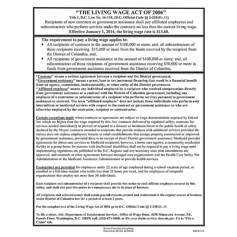 ComplyRight District of Columbia Living Wage Downloadable Poster (EDC16) image 1