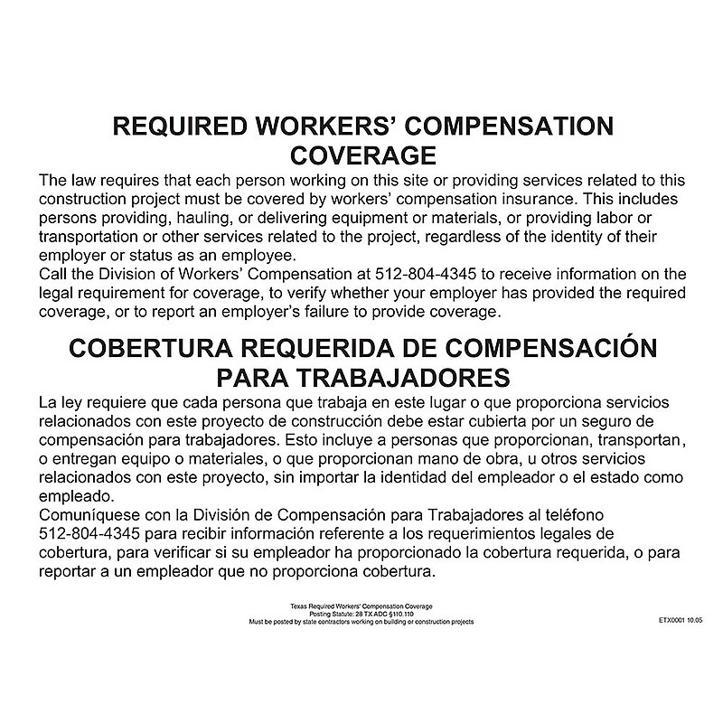 ComplyRight Texas Workers Compensation Coverage Poster (ETX0001) image 1