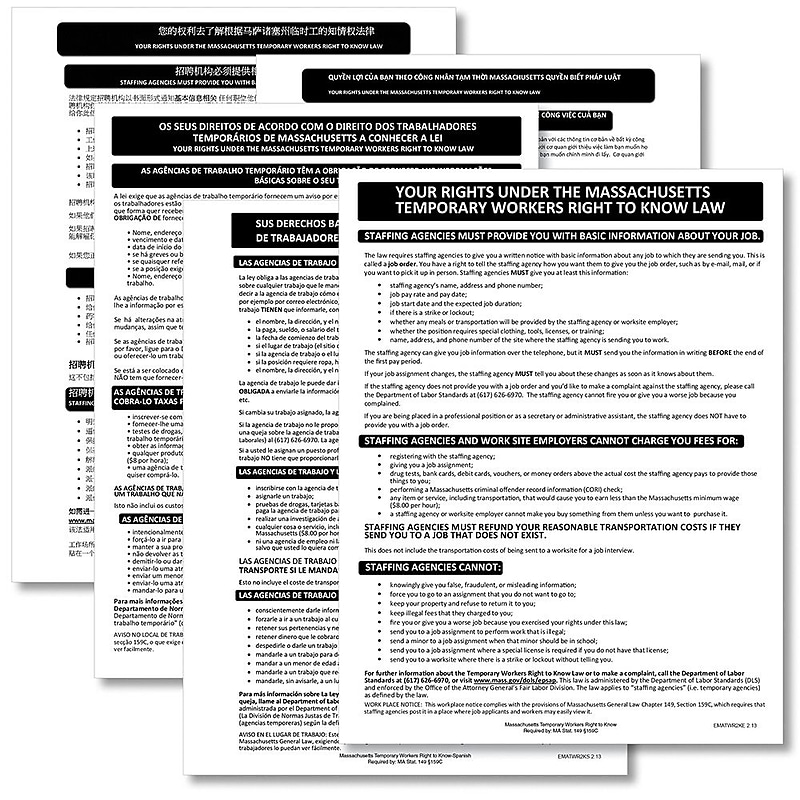 ComplyRight Massachusetts Temporary Workers Right to Know Law Poster Bundle, Multi-Lingual (EMATWR2K) image 1