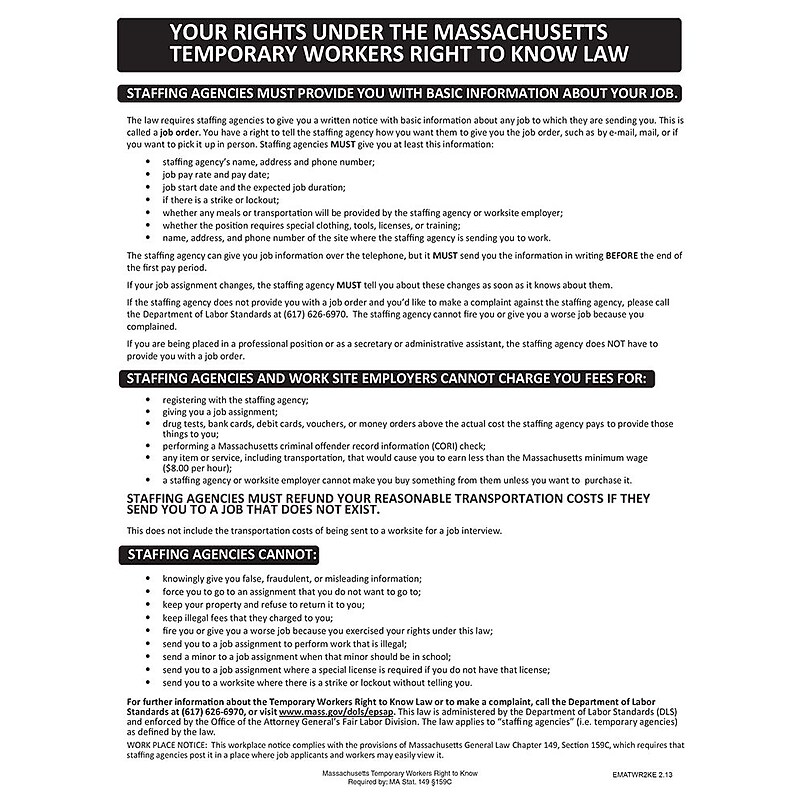 ComplyRight Massachusetts Temporary Workers Right to Know Law English Poster (EMATWR2KE) image 1