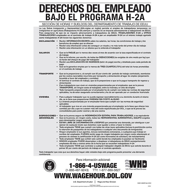 ComplyRight Employee Rights Under H-2A Program Spanish Poster (E3204) image 1