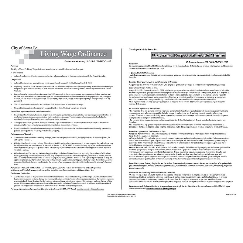 ComplyRight Santa Fe Living Wage Ordinance Bilingual Poster (ENMSFLW) image 1