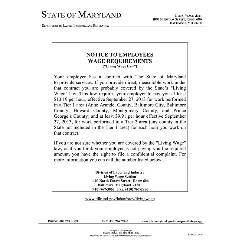 ComplyRight Maryland Living Wage Law Poster (EMD0001) image 1