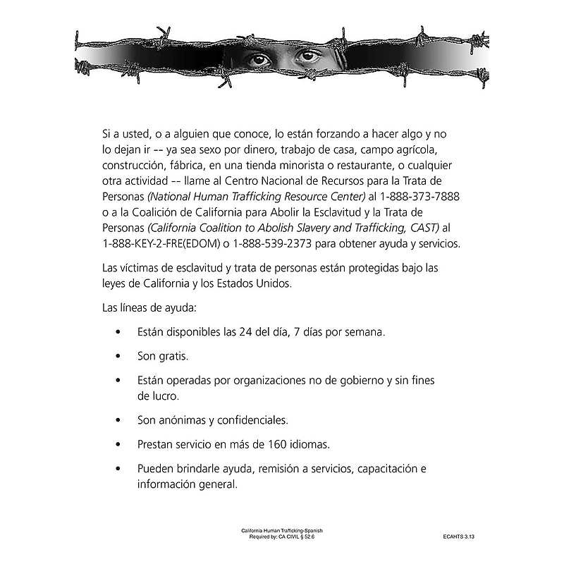 ComplyRight California Human Trafficking Spanish Poster (ECAHTS) image 1