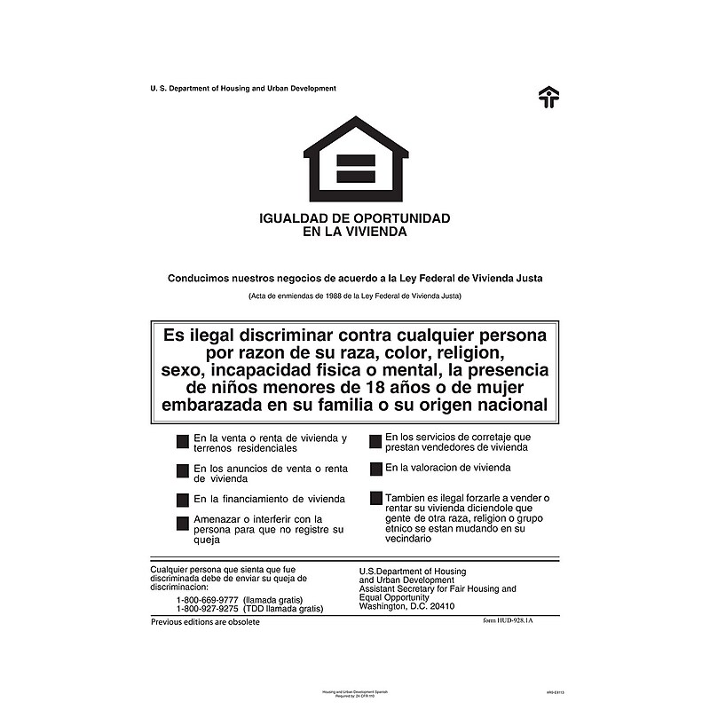 ComplyRight Federal Fair HUD Equal Housing Opportunity Spanish Poster (E8113) image 1