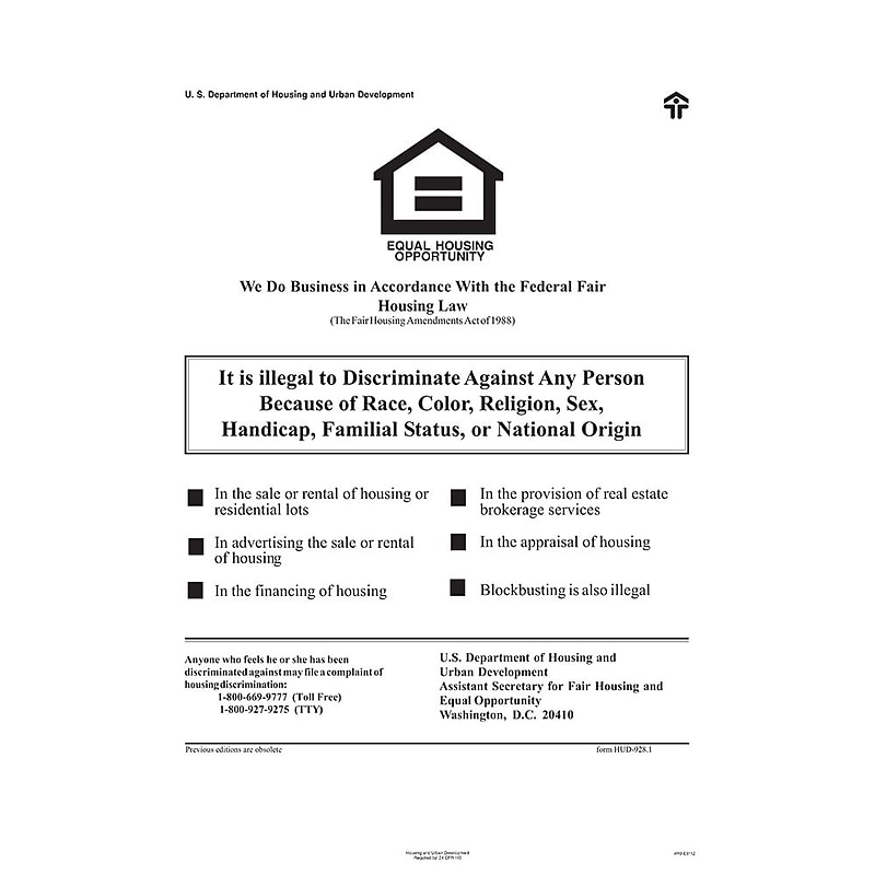 ComplyRight Federal Fair HUD Equal Housing Opportunity Poster (E8112) image 1