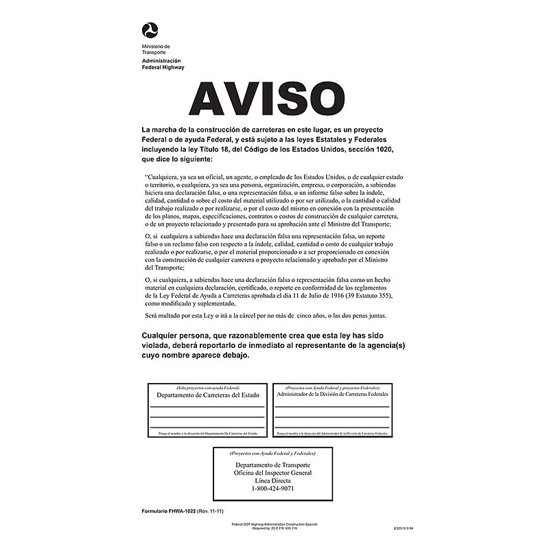ComplyRight DOT Federal Highway Construction Notice Spanish Poster (E3251S) image 1