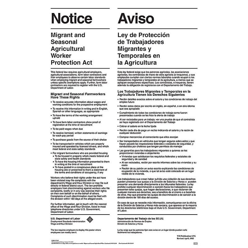 ComplyRight Migrant and Seasonal Agricultural Workers Bilingual Poster (E3210) image 1