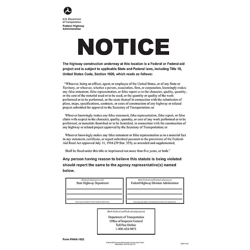 ComplyRight DOT Federal Highway Construction Notice Poster (E3251) image 1