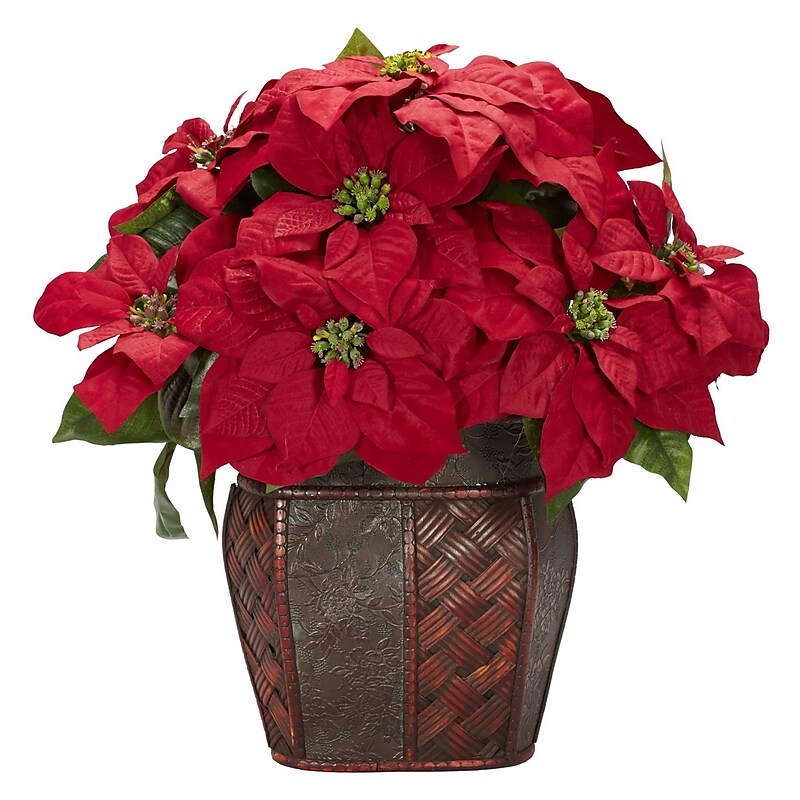 Nearly Natural 1264 Poinsettia in Decorative Vase Floral Arrangements, Red image 1