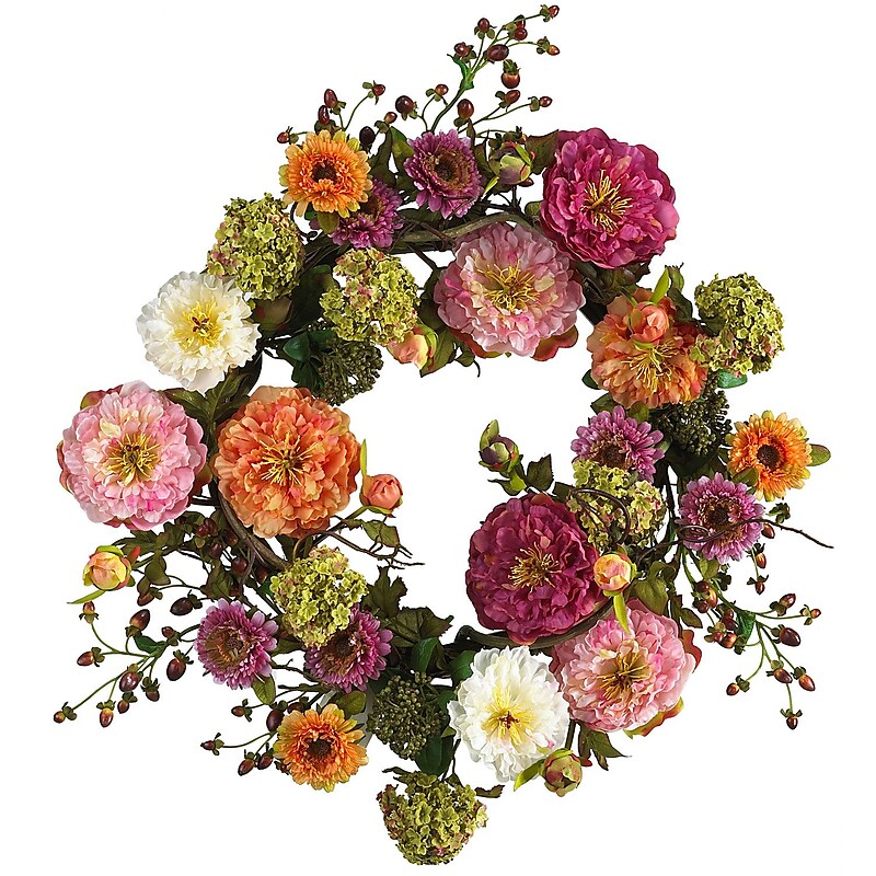 Nearly Natural 4664 24" Peony Wreath, Orange image 1