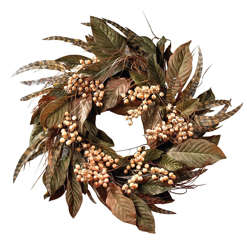 Nearly Natural 24" Feather & Berry Wreath, Green (4681) image 1