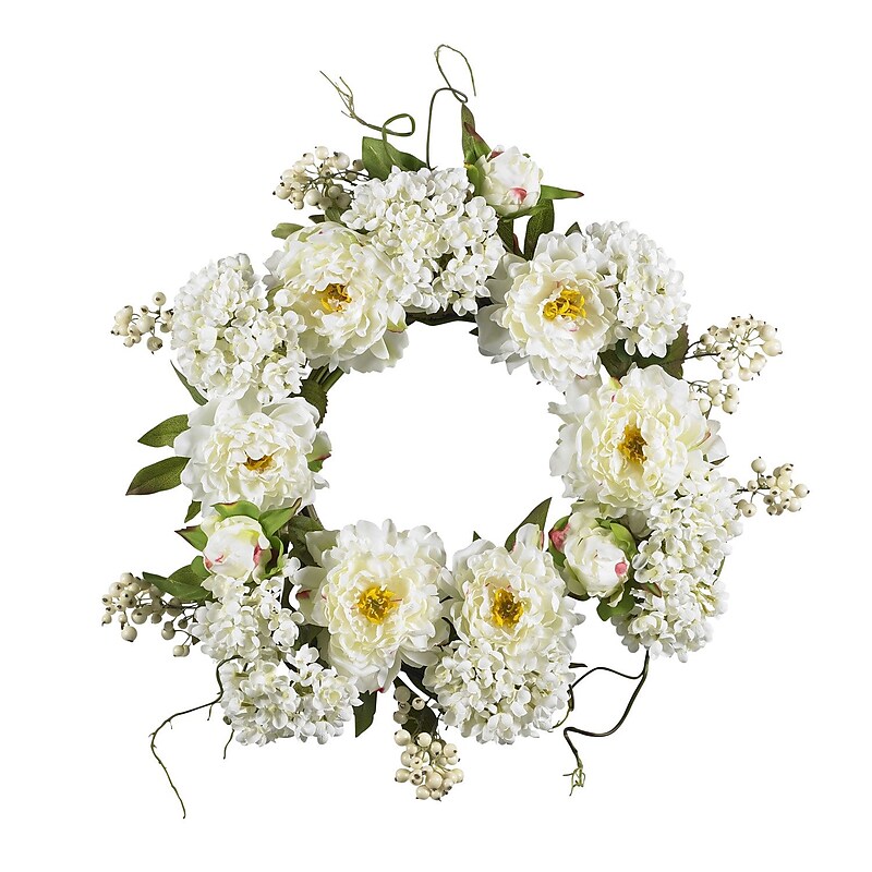 Nearly Natural 4690 20" Peony Hydrangea Wreath, White image 1
