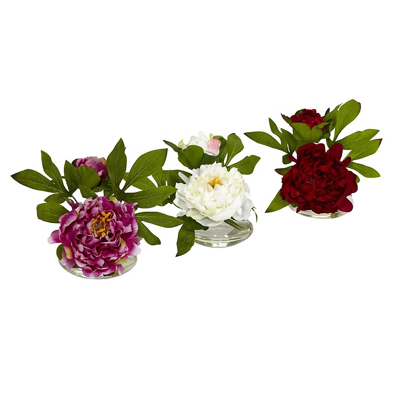 Nearly Natural 4789 Peony with Glass Vase Set of 3 Floral Arrangements, Assorted image 1