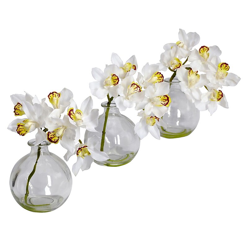 Nearly Natural 4797 Cymbidium with Vase Set of 3, White image 1