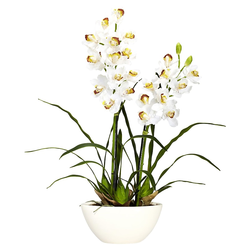 Nearly Natural 4803 Cymbidium with White Vase, White image 1