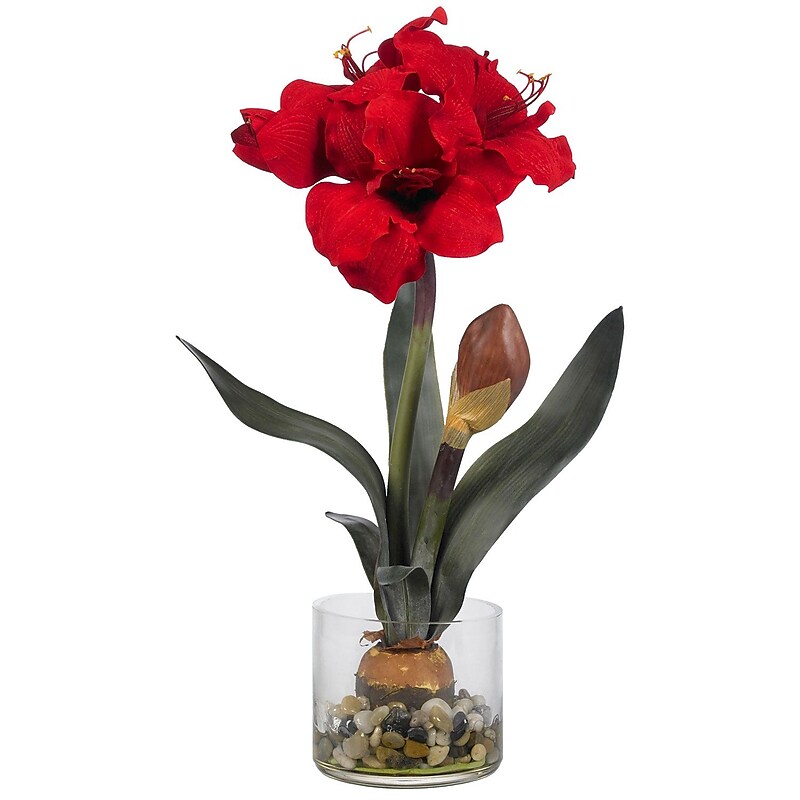 Nearly Natural 4827 Amaryllis with Round Vase, Red image 1