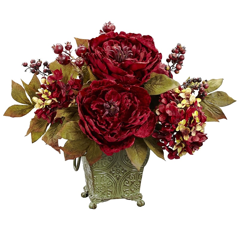 Nearly Natural 4928 Peony and Hydrangea Floral Arrangements, Red image 1