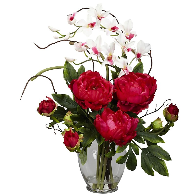 Nearly Natural 1175-RD Peony and Orchid Floral Arrangements, Red image 1