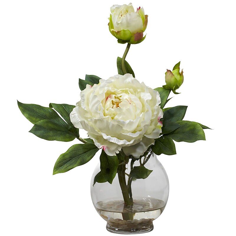 Nearly Natural 1278-WH Peony with Fluted Vase, White image 1