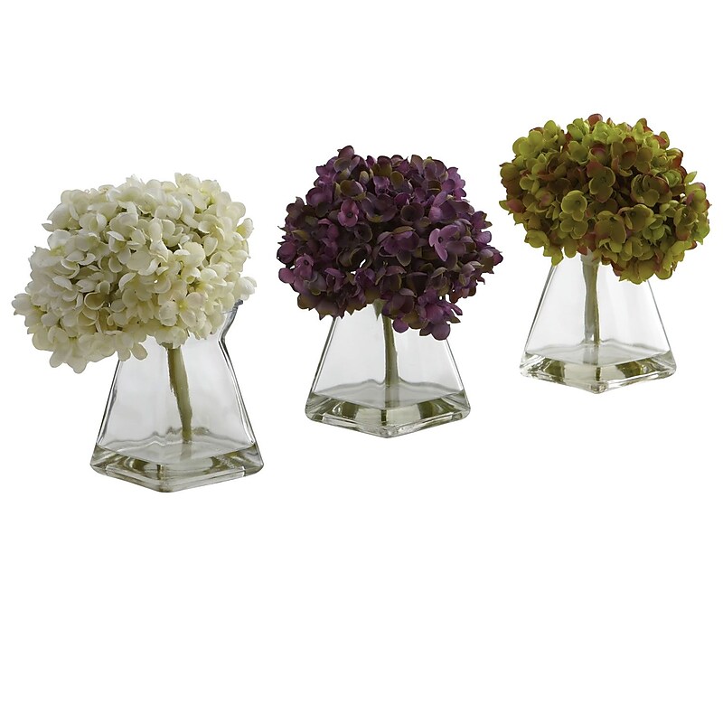 Nearly Natural 1313 Hydrangea with Vase Set of 3 Floral Arrangements, Assorted image 1