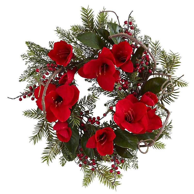 Nearly Natural 4811 24" Amaryllis Wreath, Red image 1