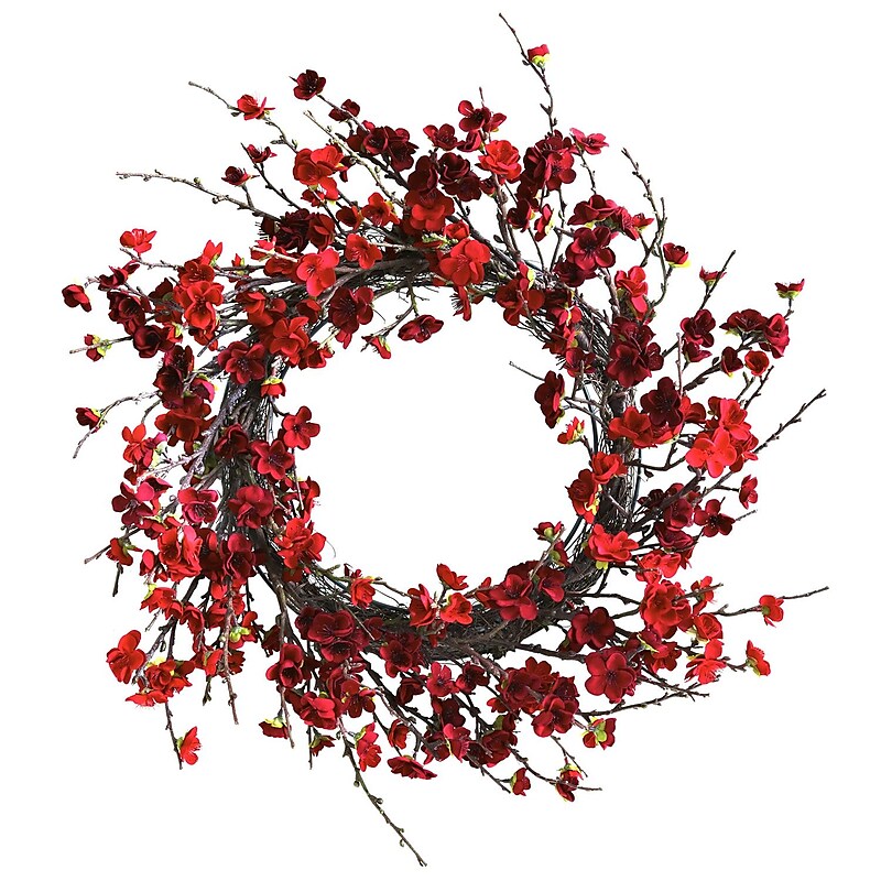 Nearly Natural 4813 24" Plum Blossom Wreath, Red image 1