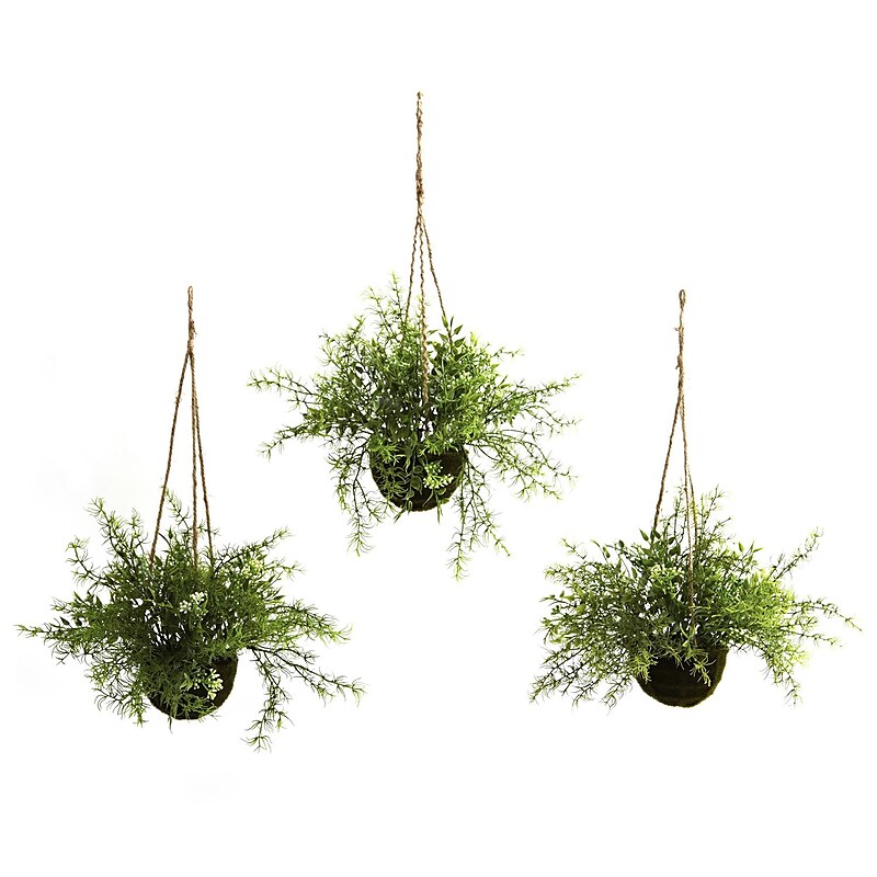 Nearly Natural 6742 Ruscus and Sedum Set of 3 Hanging Plant in Basket image 1