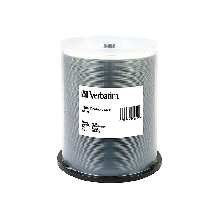 Verbatim 95251 52x CD-R, White Inkjet Printable, 100/Pack | Staples