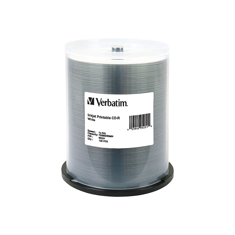 Verbatim 95251 52x CD-R, White Inkjet Printable, 100/Pack image 1