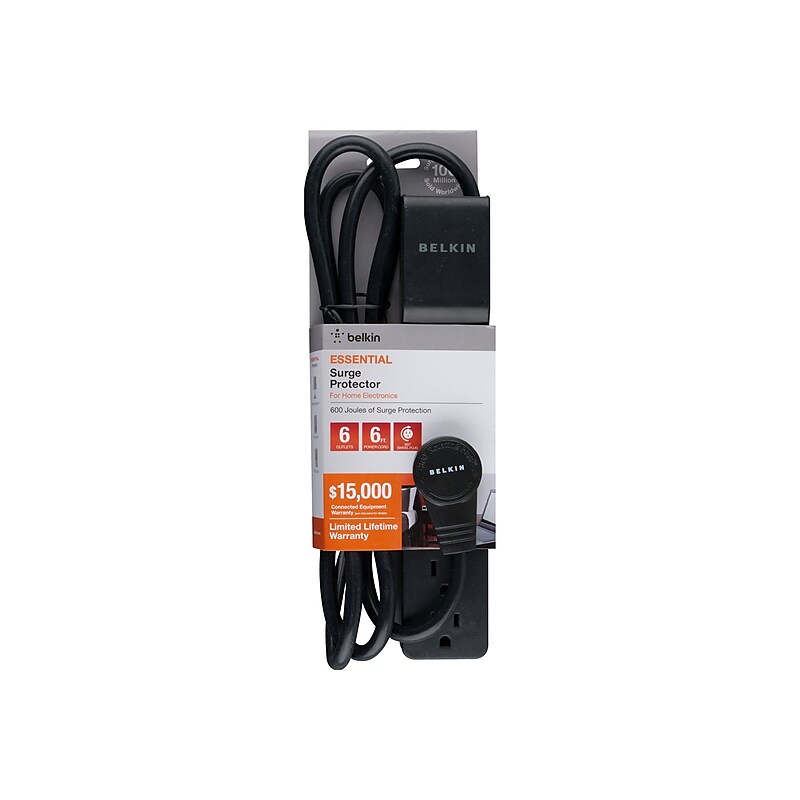 Belkin Essential Series 6 Outlet Surge Protector, 6' Cord, 600 Joules, null/undefined (BSE600-06BLK-WM) image 1