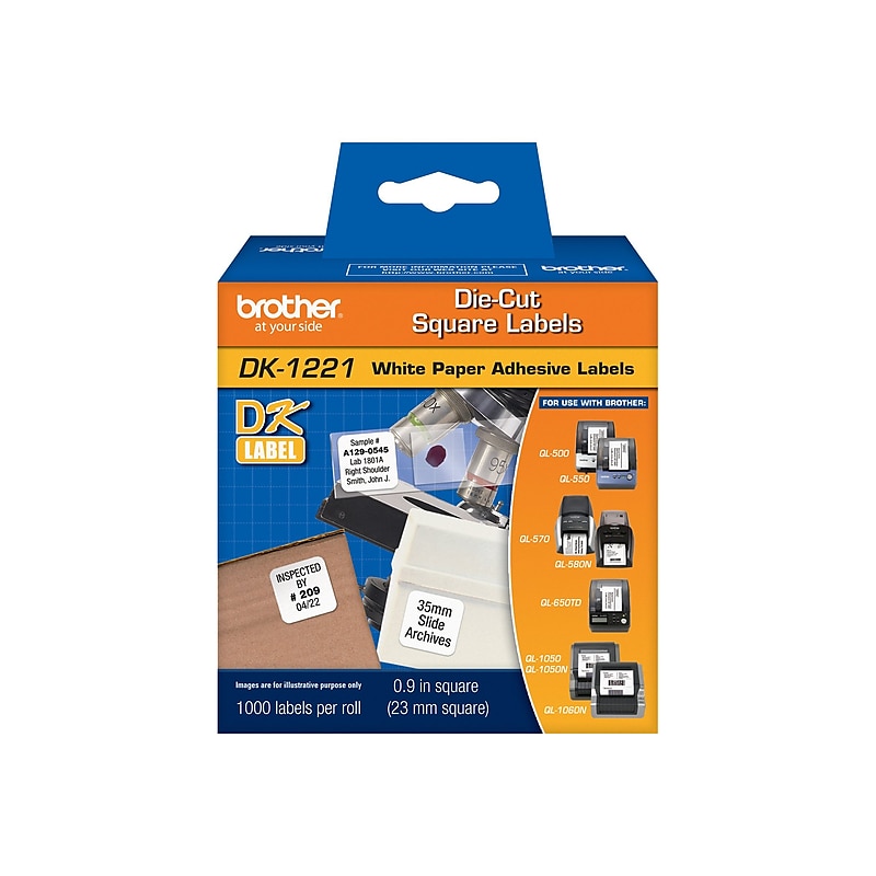Brother DK-1221 Square Paper Labels, 9/10" x 9/10", Black on White, 1,000 Labels/Roll (DK-1221) image 1