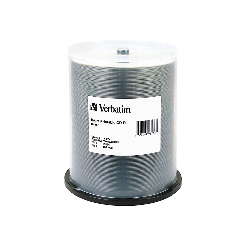 Verbatim 95256 52x CD-R, Silver Inkjet Printable, 100/Pack image 1