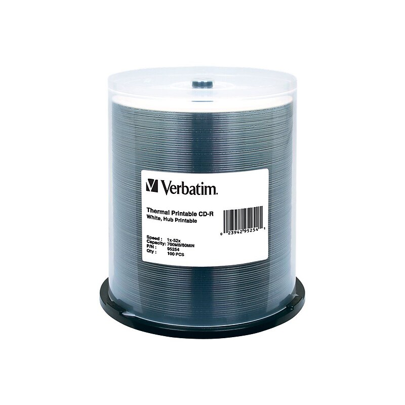 Verbatim 95254 52x CD-R, White Hub, Thermal Printable, 100/Pack image 1