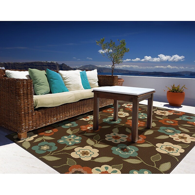 Floral Brown/ Ivory Indoor/Outdoor Machine-made Polypropylene Area Rug (6' 7" X 9' 6") image 1